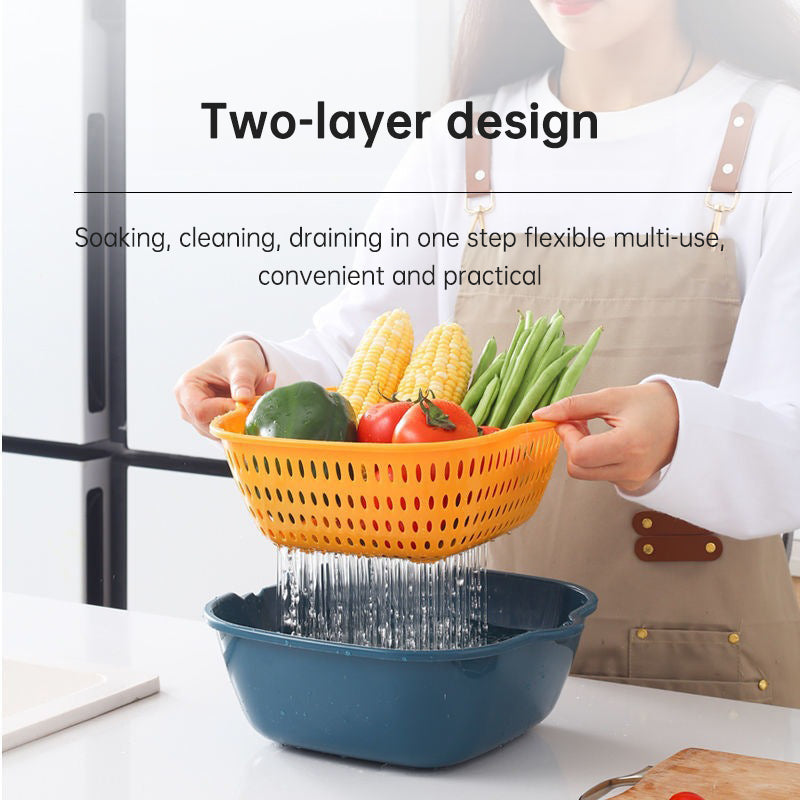 Set Of Kitchen Plastic Double Layer Washing Basket