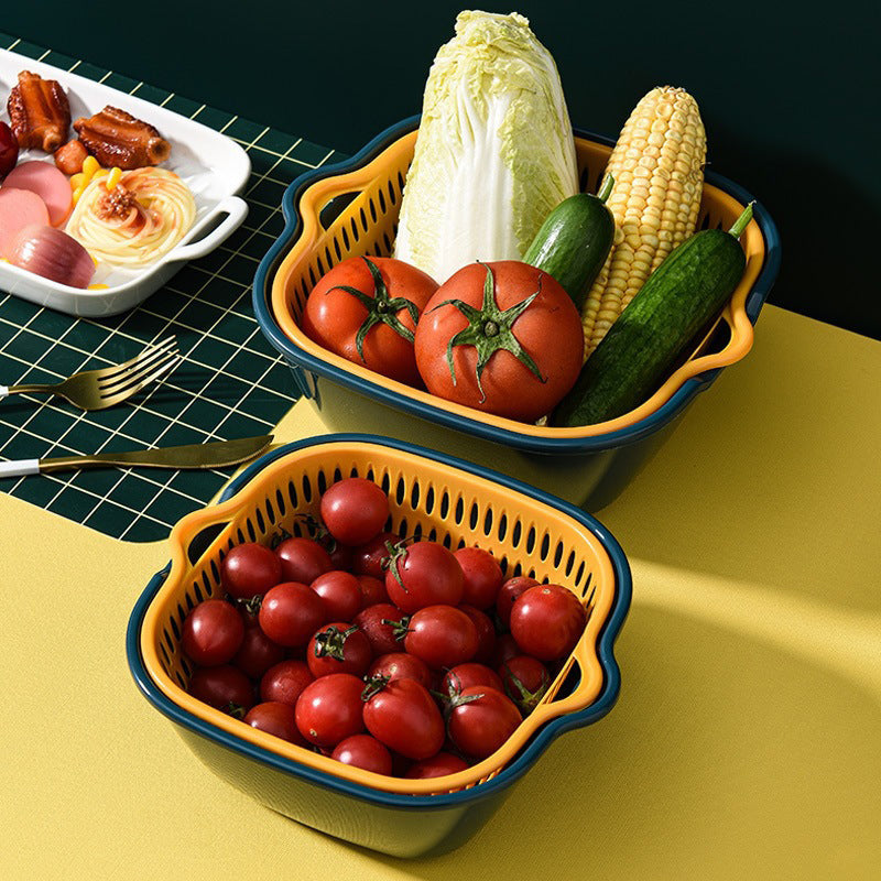 Set Of Kitchen Plastic Double Layer Washing Basket