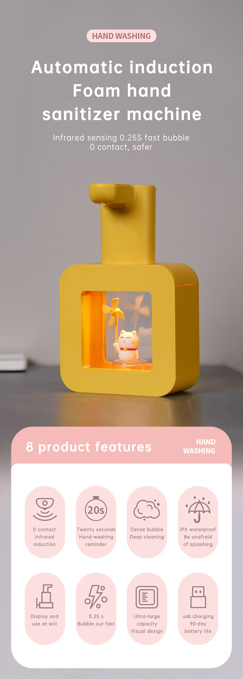 Cute Cat Rechargeable Touchless Automatic Soap Dispenser with Night Light